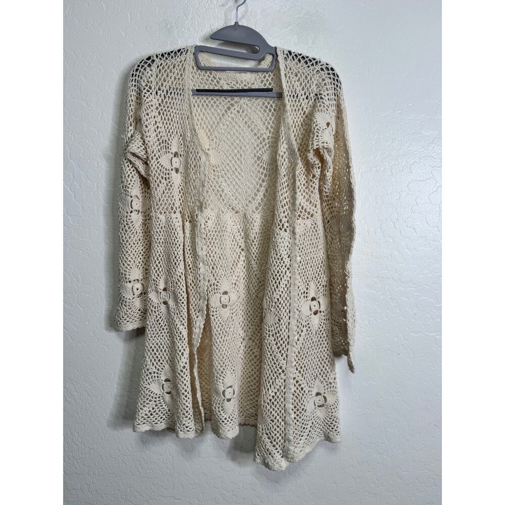 Womens Crochet Swetaer Knitted Cream Cardigan Size Medium Stretchy Boho Handmade